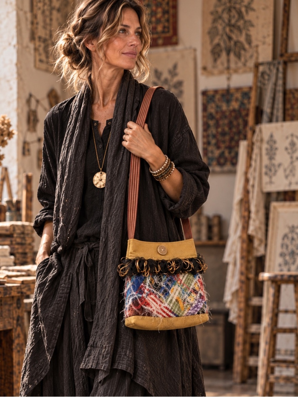 Vintage Handmade Mustard Patchwork Fiber Art Shoulder Bag Boho Lagenlook Artisan